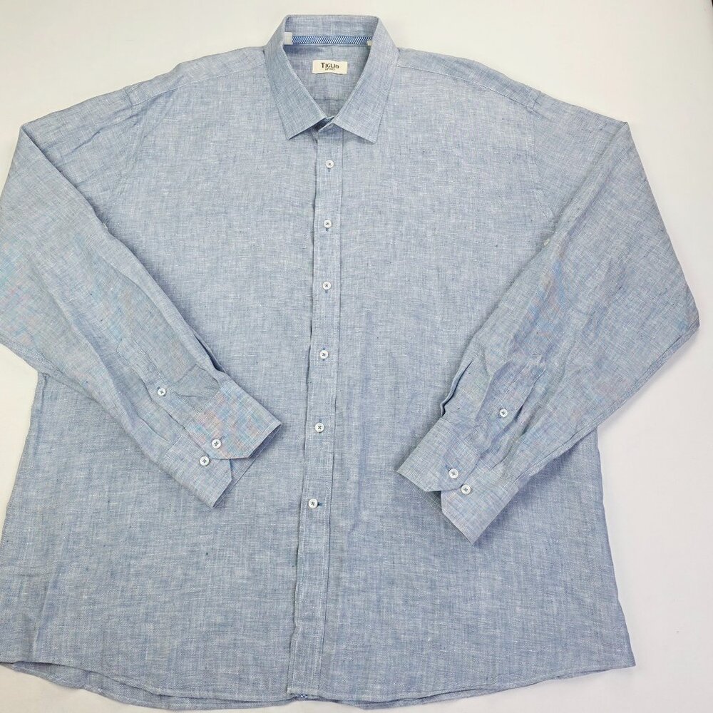 Tiglio Sport Size 3XL Mens Blue Linen Long Sleeve Spread Collar Shirt